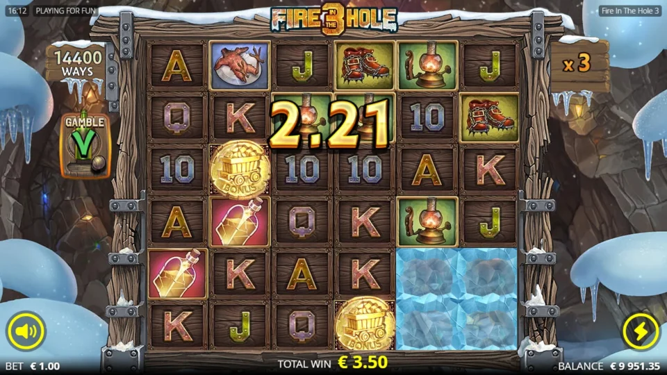 Fire in the Hole 3: Two Bonus wagons on the reels and a 2.21 collapse win at x3 on 14,400 ways, TOTAL WIN EUR 3.50