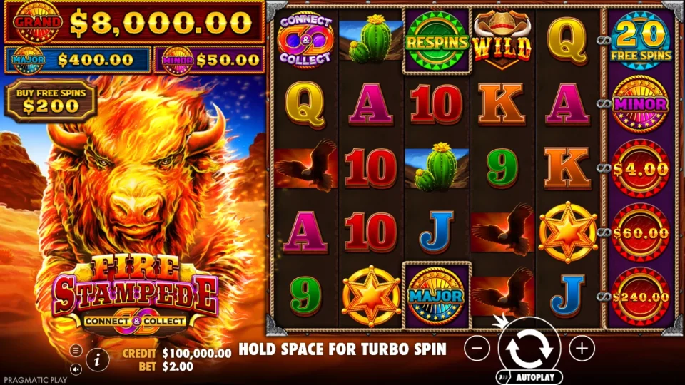 Fire Stampede: Demo board before the first USD 2.00 spin, RESPINS and MAJOR on the special spots of reel 3 and 20 FREE SPINS above a MINOR on the sixth reel