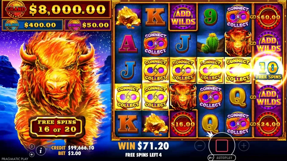Fire Stampede: Free spin 16 of 20, where a chain from the first reel reaches a 10 FREE SPINS symbol on reel 6 for ten extra spins