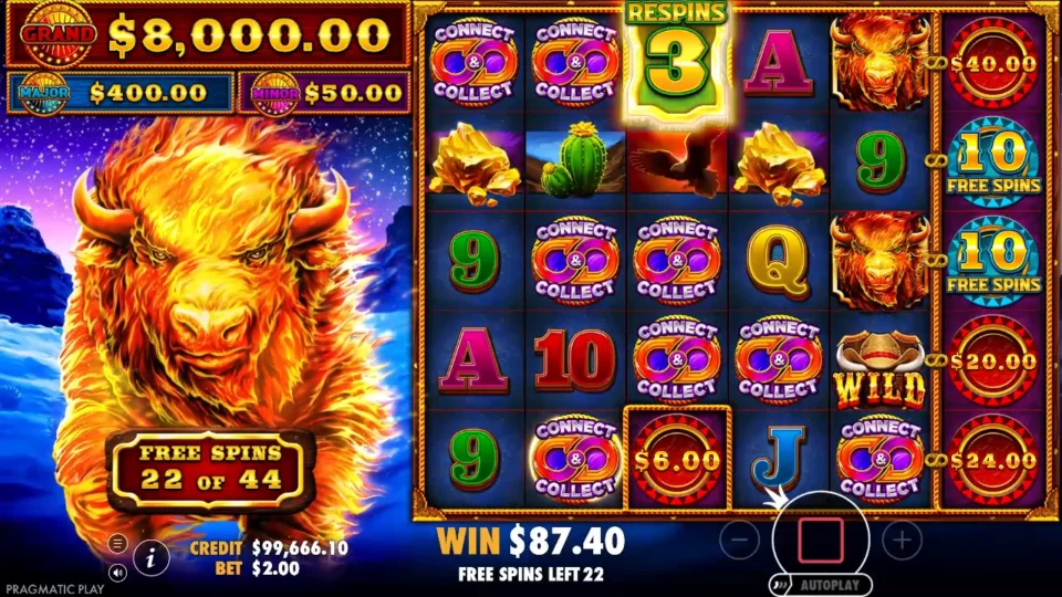 Fire Stampede: RESPINS counter on 3 at the top of reel 3 during free spin 22 of 44, the bonus total holding at USD 87.40