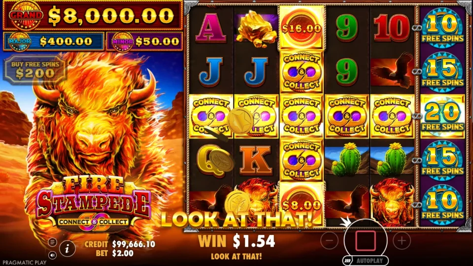Fire Stampede: On the USD 200 buy spin a chain runs along the middle row to 20 FREE SPINS on the sixth reel, touching USD 16.00 and USD 8.00 on reel 3