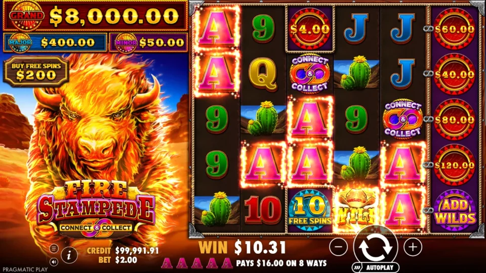 Fire Stampede: Five-of-a-kind A, with a Wild standing in on reel 4, pays USD 16.00 on 8 ways while the win box is still counting, an ADD WILDS symbol idle at the bottom of reel 6