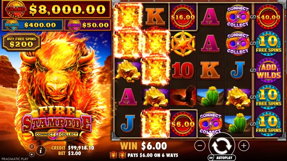 Fire Stampede: Two buffalo on reel 1 and three on reel 2 make 6 ways for USD 6.00, the full amount already in the win box