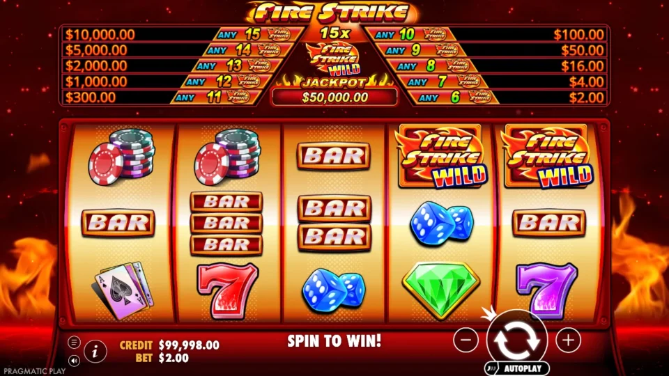 Fire Strike: Reels ready to play at a USD 2.00 bet, with two Firestrike Wilds at the top of reels 4 and 5 and chips, BARs, dice, cards, a gem and two sevens on the rest of the screen