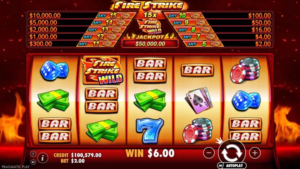 Fire Strike: Spin result of USD 6.00 in the win box, three cash stacks on line 10 paying USD 5.00 and three double BARs on line 5 adding USD 1.00, the Wild at the top of reel 2 in no line
