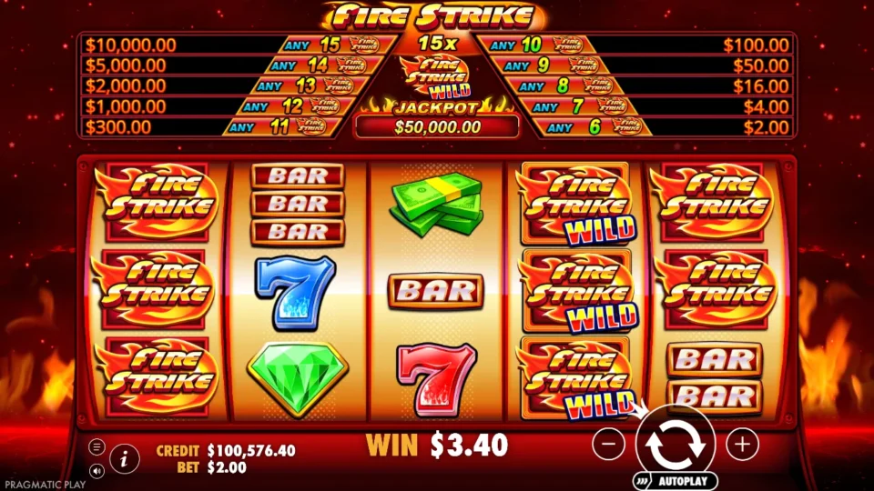 Fire Strike: Eight Firestrike symbols land at once, a full stack on reel 1, three Wilds on reel 4 and two more on reel 5, for the any-8 bonus worth USD 16.00 on the prize board