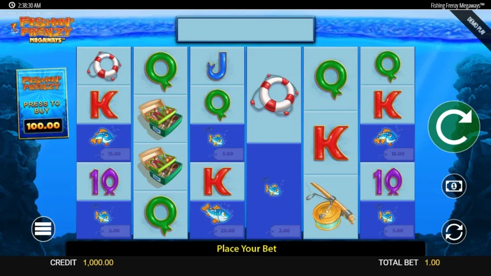 Fishin' Frenzy Megaways: The six-reel field at a USD 1.00 bet before the first spin, with the Bonus Bet board priced at 100.00 on the left