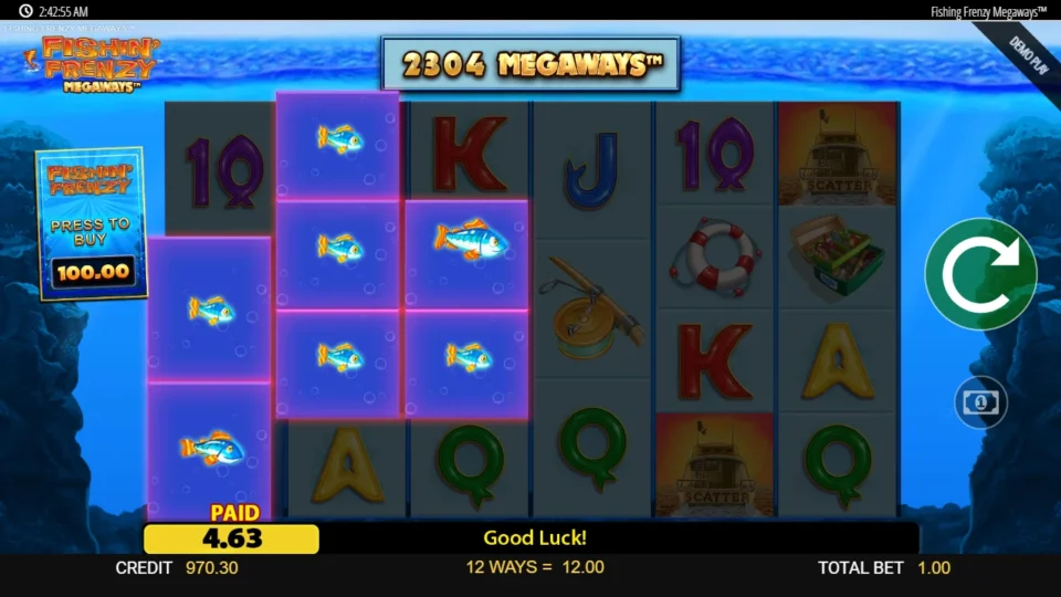 Fishin' Frenzy Megaways: Twelve ways of fish worth USD 12.00 on a 2,304-way screen, with two Boats on reels five and six and no third