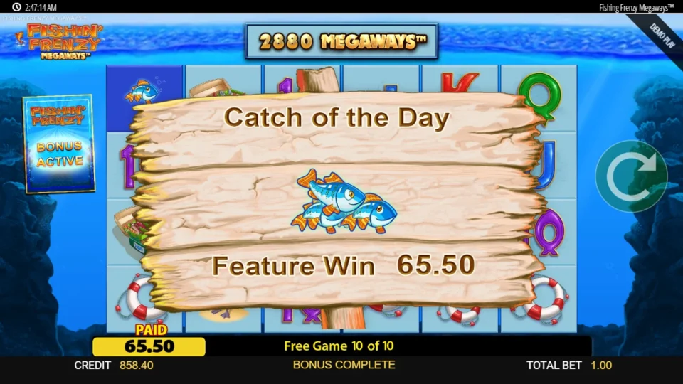 Fishin' Frenzy Megaways: Catch of the Day result board of the purchased feature, 65.50 on a USD 1.00 stake after ten free games