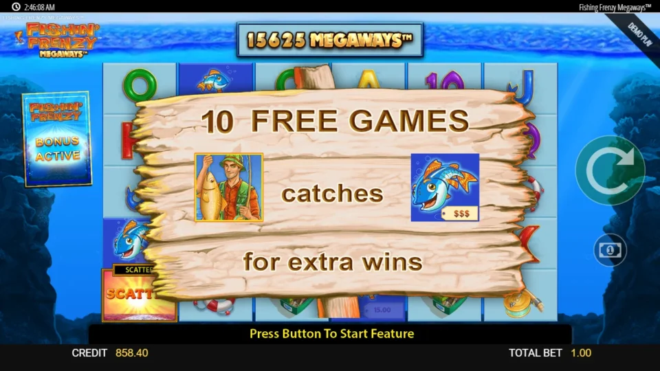 Fishin' Frenzy Megaways: The 10 Free Games board opens the purchased feature at 15,625 ways and waits for the spin button