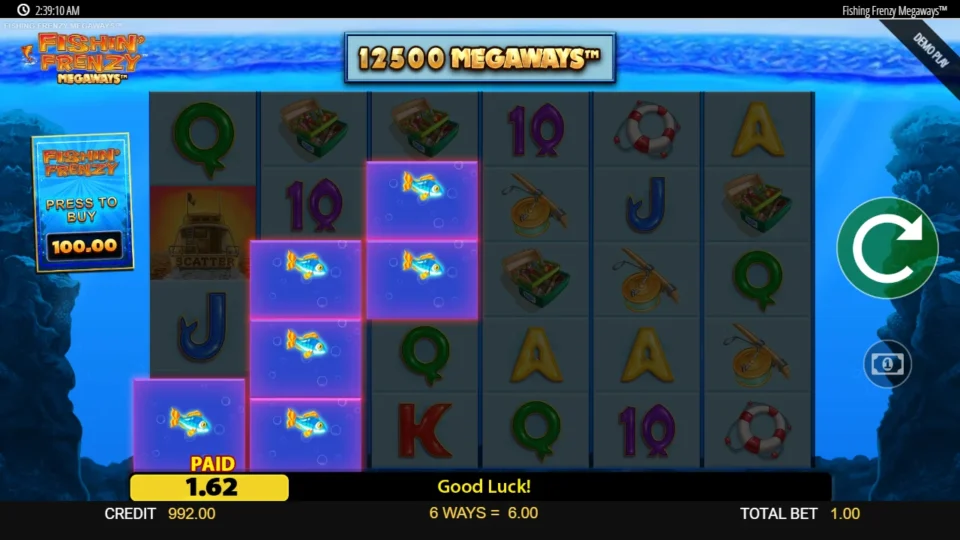 Fishin' Frenzy Megaways: Six fish across the first three reels pay six ways for USD 6.00 on a 12,500-way screen while a Boat idles on reel one