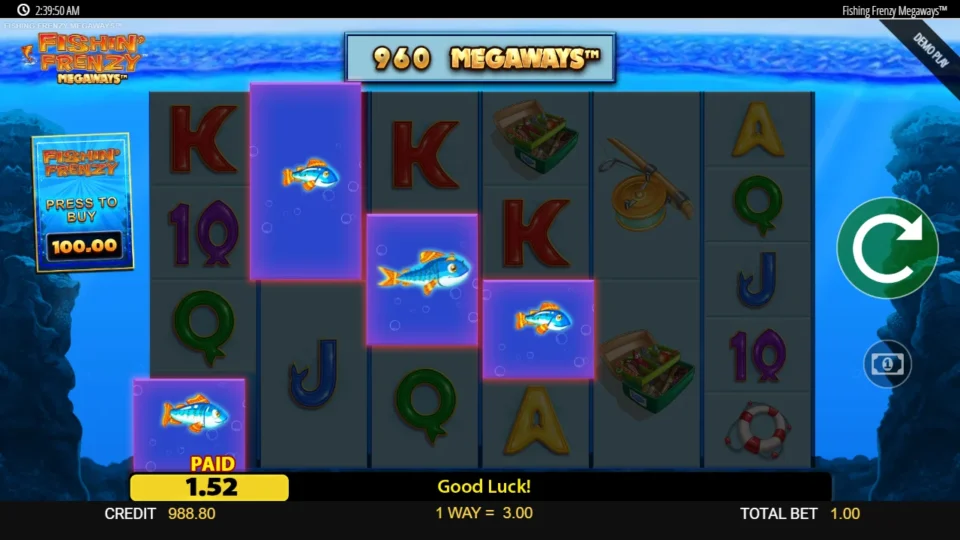 Fishin' Frenzy Megaways: Four fish on reels one to four make a single way worth USD 3.00 on a 960-way screen