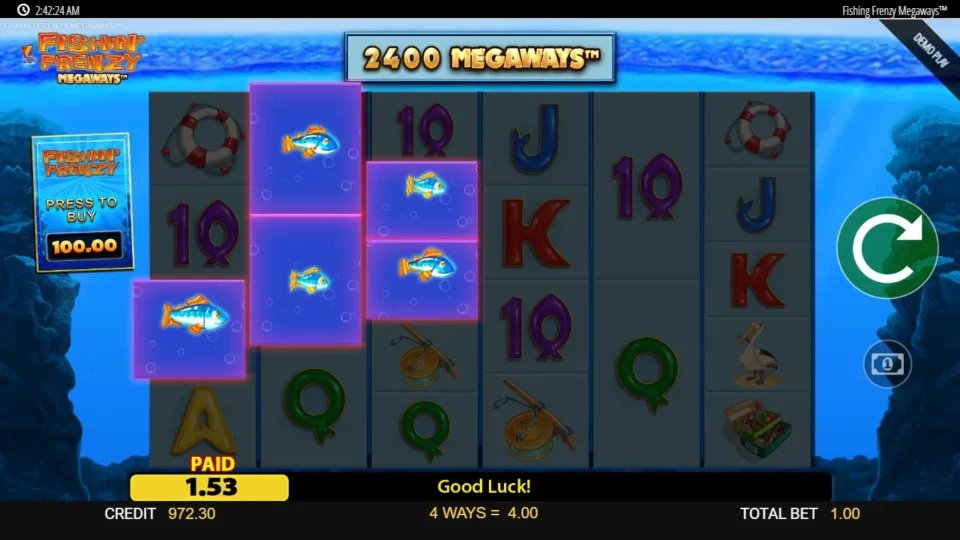Fishin' Frenzy Megaways: Fish on the three left reels pay four ways for USD 4.00 on a 2,400-way screen