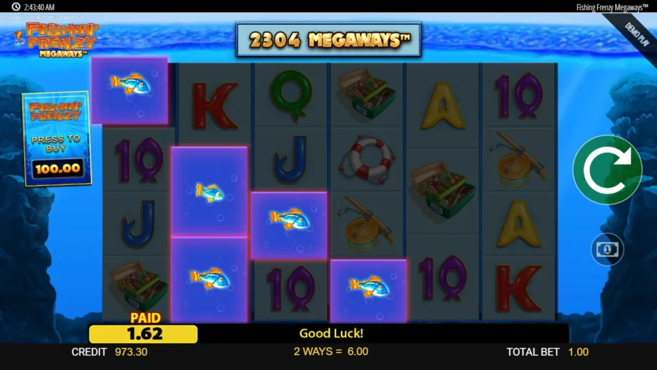 Fishin' Frenzy Megaways: Fish on reels one to four pay two ways for USD 6.00 on a 2,304-way screen
