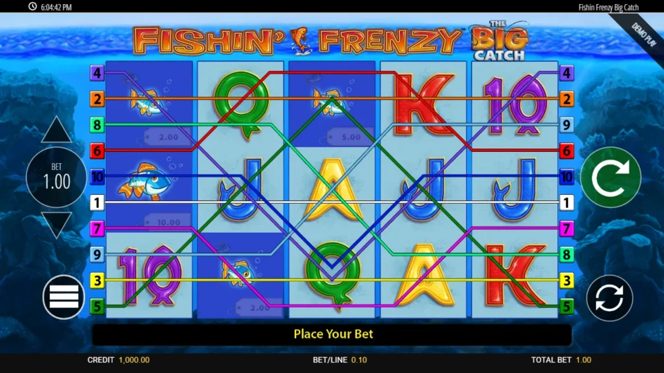 Fishin' Frenzy The Big Catch: Ten numbered paylines over a grid of royals at a 1.00 total bet before the first spin