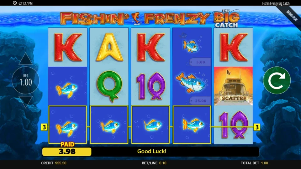 Fishin' Frenzy The Big Catch: Four fish across line 3 pay 3.98 beside a boat Scatter on the last reel