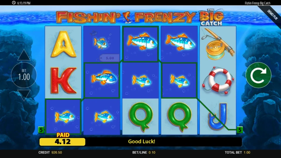 Fishin' Frenzy The Big Catch: Fish fill the middle reels while line 5 pays 4.12 through two lifebuoys and a J
