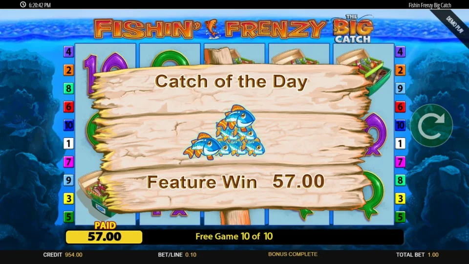 Fishin' Frenzy The Big Catch: Catch of the Day board with a Feature Win of 57.00 as the bonus result