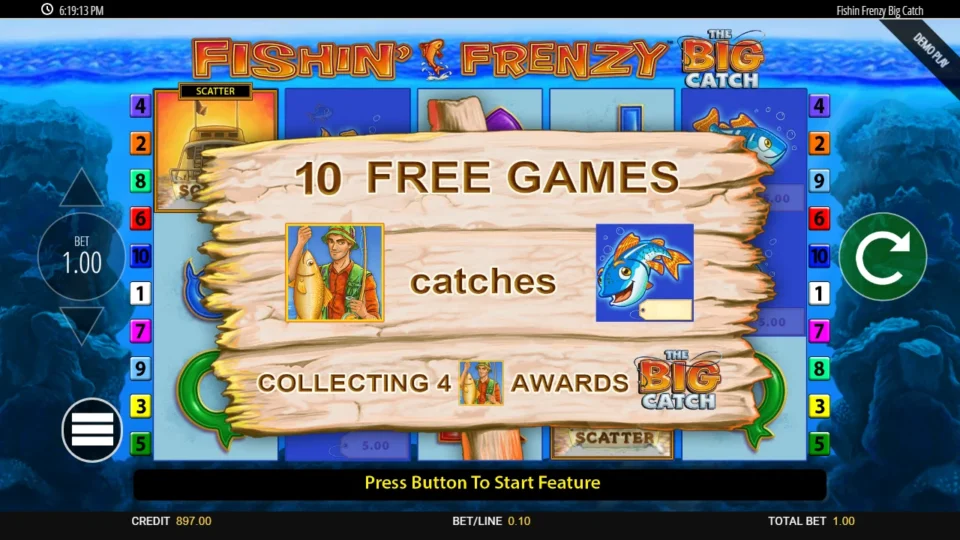 Fishin' Frenzy The Big Catch: Three boat Scatters award 10 free games, the fisherman catches and four collected give awards