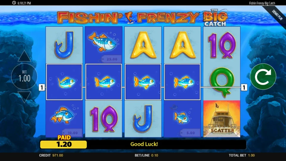 Fishin' Frenzy The Big Catch: Four fish on line 1 pay 1.20 while a Scatter waits on reel five