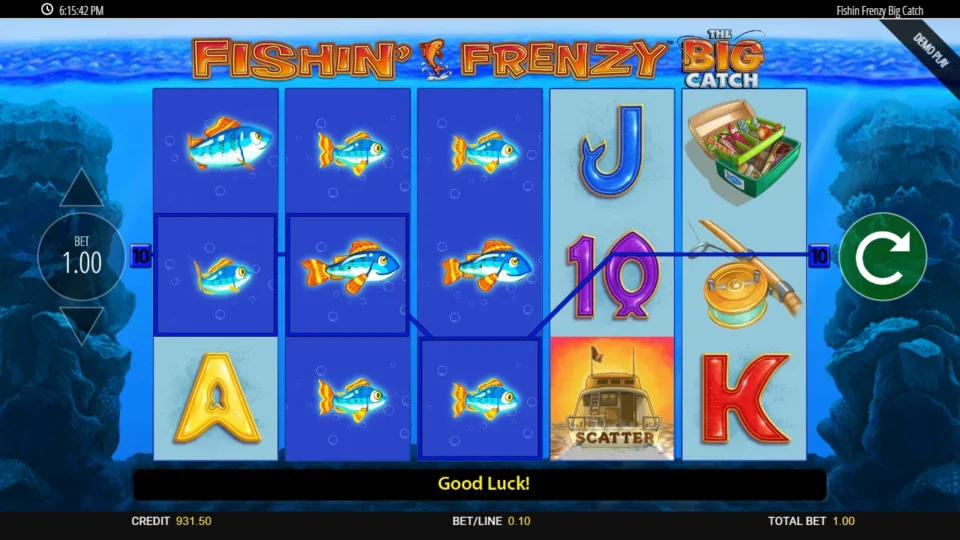 Fishin' Frenzy The Big Catch: Fish run along line 10 next to a boat Scatter and a tackle box