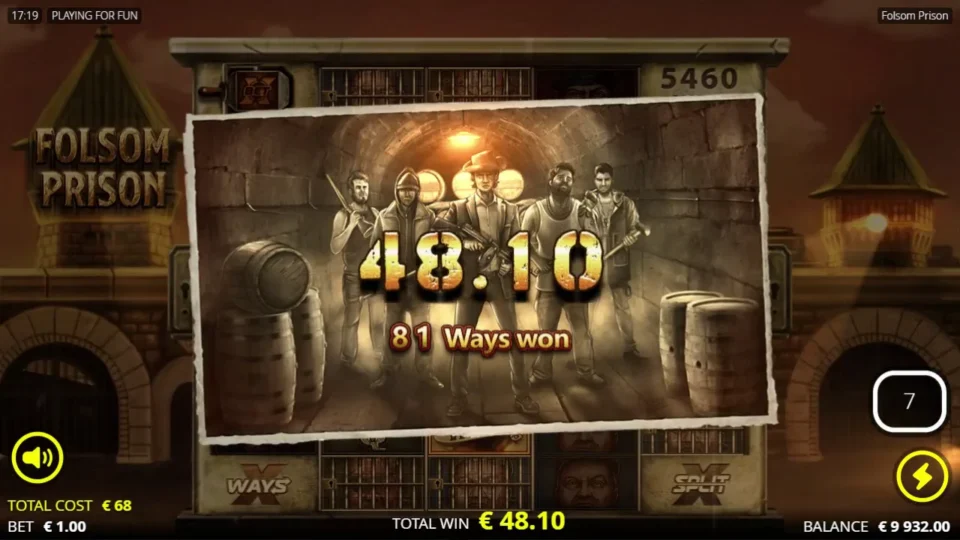Folsom Prison: A EUR 48.10 win screen lists 81 winning ways, with seven free spins remaining.