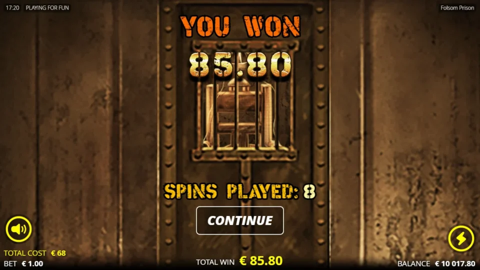 Folsom Prison: The bonus result is EUR 85.80 from eight spins, taking the demo balance to EUR 10,017.80 after a EUR 68 entry.