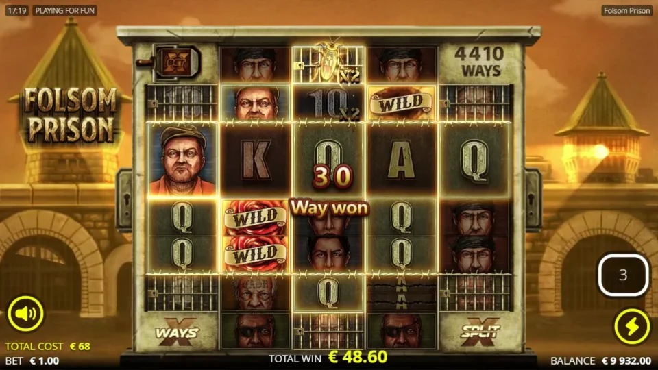 Folsom Prison: The Cockroach reaches the top of the middle reel above x2-marked cells; the field displays 4,410 ways and a running EUR 48.60 total.