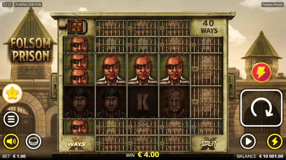 Folsom Prison: Four eyepatch prisoners occupy the first reel on the EUR 4.00 ordinary-game win screen.