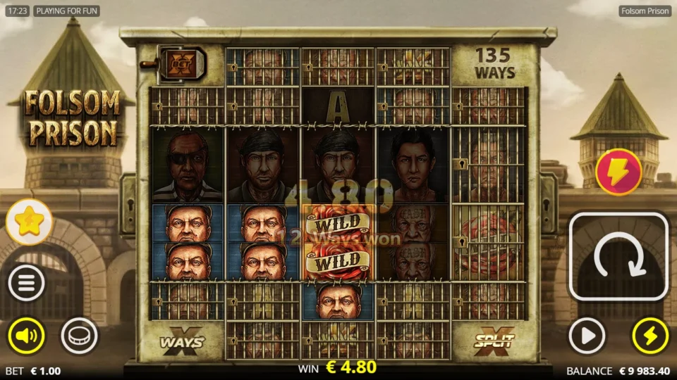 Folsom Prison: Two stacked Rose Wilds join the cap prisoners in a EUR 4.80 win, with 135 ways displayed above the reels.