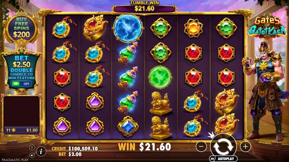 Gates of Gatot Kaca: Blue and green orbs share the field after a USD 21.60 win