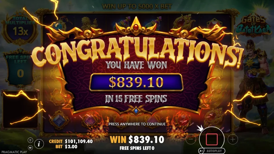 Gates of Gatot Kaca: Purchased-feature result of USD 839.10 with a final meter of 13x
