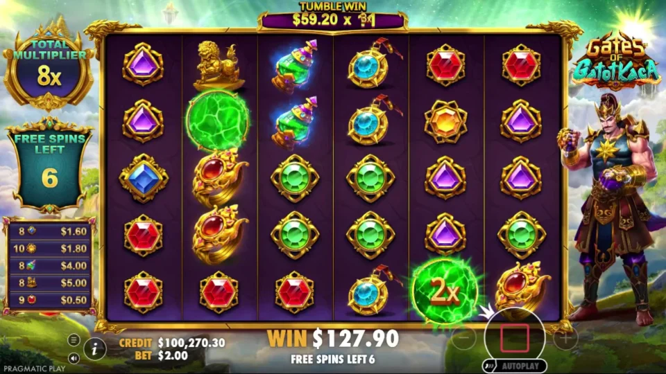 Gates of Gatot Kaca: A 2x orb waits on reel five with six purchased free spins remaining