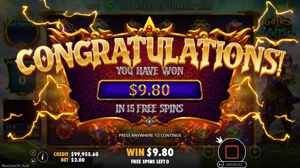 Gates of Gatot Kaca: Fifteen spins close at USD 9.80 with the credit balance settled