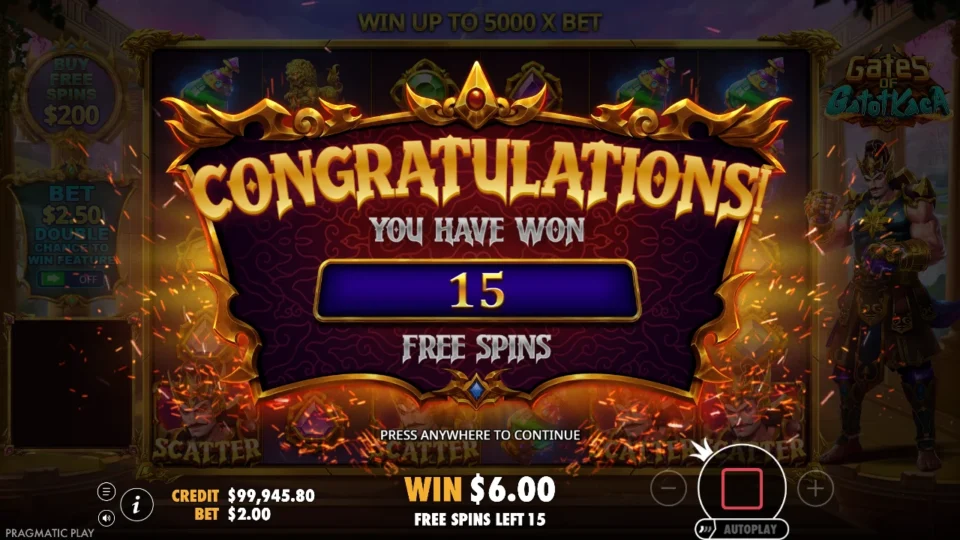 Gates of Gatot Kaca: The first natural feature opens with an award of 15 free spins