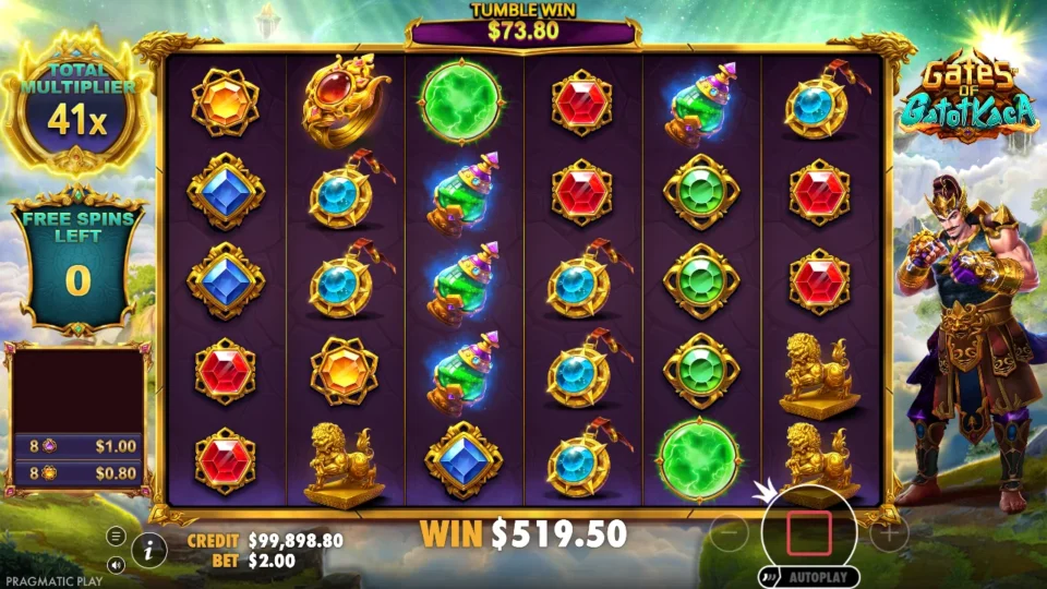 Gates of Gatot Kaca: At 41x, the last tumble is worth USD 73.80 while the total still counts