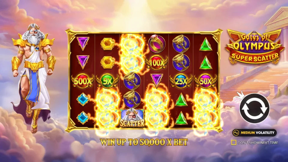 Gates of Olympus Super Scatter: Opening slide with 500X, 100X, 50X, 25X and 5X orbs on the grid and a 50000x bet ceiling