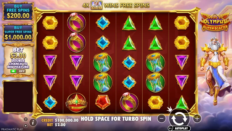 Gates of Olympus Super Scatter: The grid before the first spin, beside USD 200 and USD 1,000 buy panels with the Ante switch off