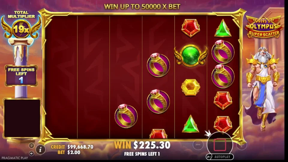 Gates of Olympus Super Scatter: Total multiplier at 19x with one free spin left and USD 225.30 already won