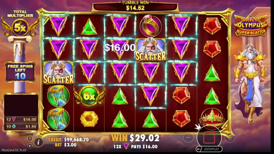 Gates of Olympus Super Scatter: A 6x orb lands under a 5x total multiplier while twelve purple gems pay USD 16.00