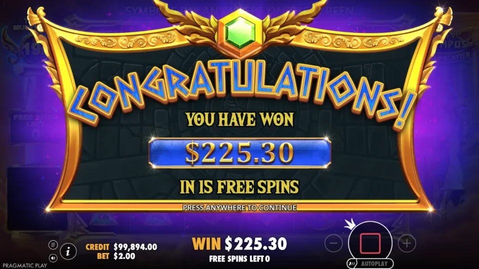 Gates of Olympus Super Scatter: Bought bonus result of USD 225.30 in 15 free spins on the closing card