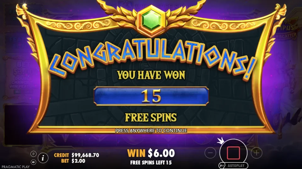 Gates of Olympus Super Scatter: Congratulations card for 15 free spins after a USD 200 purchase, with the USD 6.00 Scatter pay in the WIN box