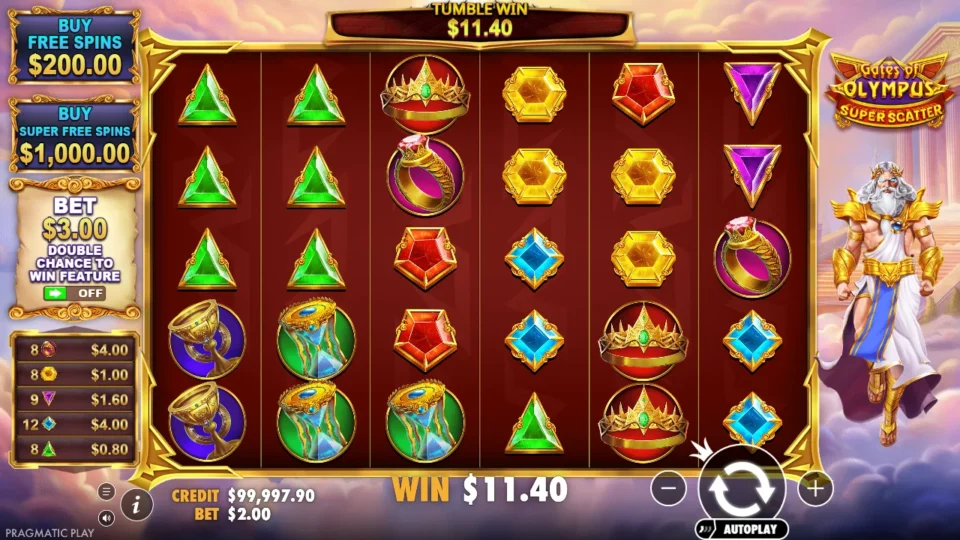 Gates of Olympus Super Scatter: Five symbol groups listed beside the reels add up to a USD 11.40 tumble win