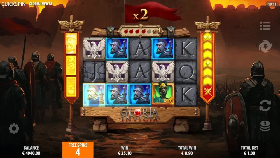 Gloria Invicta: Blue commanders glow in five cells on a bought free spin at x2, WIN EUR 25.10 with four free spins left