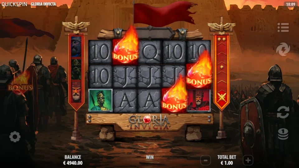 Gloria Invicta: Three BONUS fireballs on reels 2, 4 and 5 after the EUR 60 purchase, the balance down to EUR 4,940.00