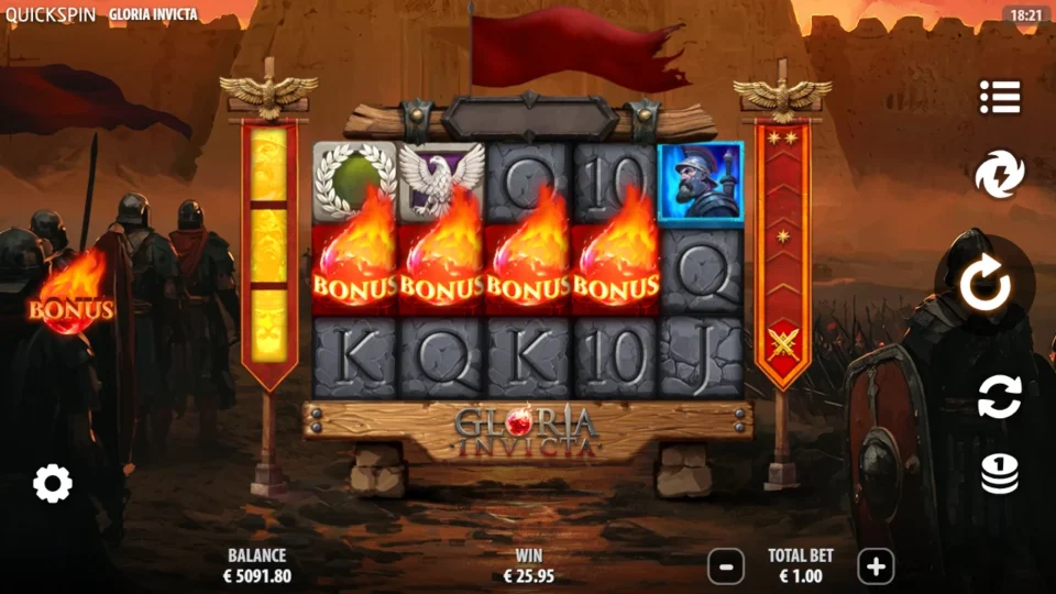 Gloria Invicta: Back on the four-fireball board after the Super Bonus Game, WIN EUR 25.95 and the balance at EUR 5,091.80