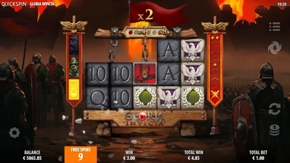 Gloria Invicta: Super Bonus Game from a natural trigger, opening at x2 with the fireball meter pointing to x4 and x8, nine free spins left