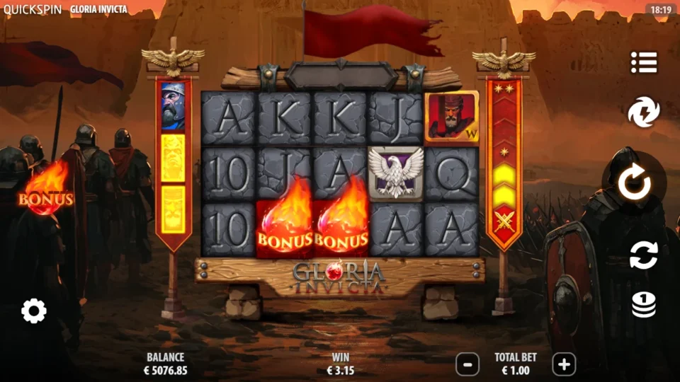 Gloria Invicta: Two BONUS fireballs side by side on reels 2 and 3, one short of free spins, next to a EUR 3.15 win and a red Wild Commander on reel 5