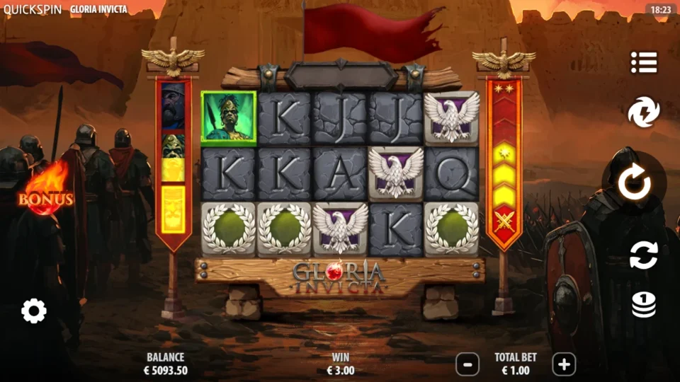 Gloria Invicta: Laurel wreaths and eagles along the bottom row and a lit green commander on reel 1, WIN EUR 3.00 with the power-up banner partly filled