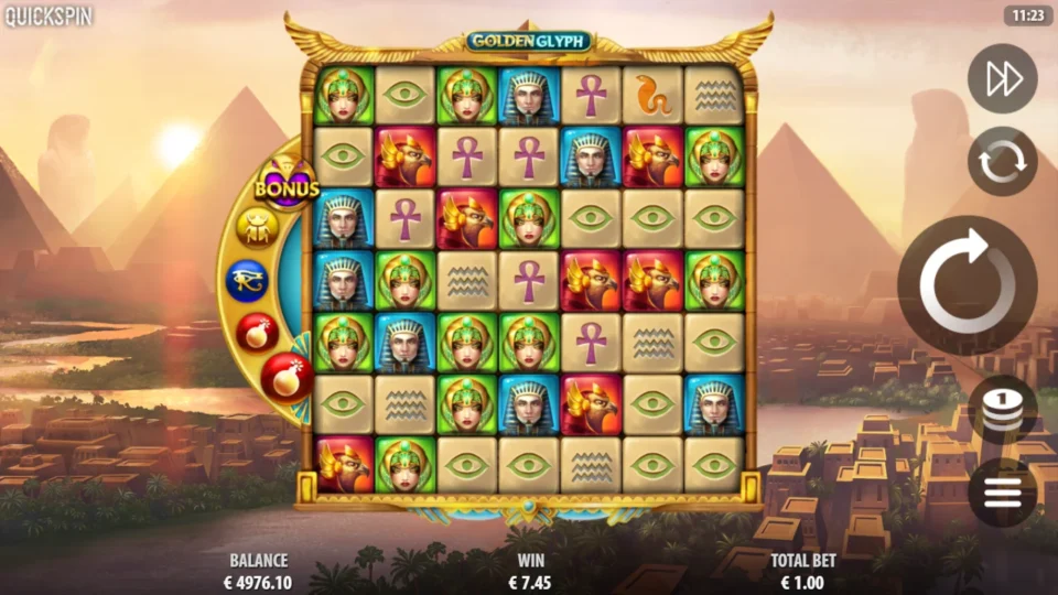 Golden Glyph: EUR 7.45 after nine free spins, the result shown back on the base grid with a fresh wheel of Scarab, Eye of Horus and two bombs